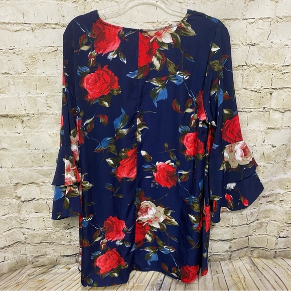 Umgee Blue Red Rose Floral Print Layered Sleeve Mini Dress - Picture 5 of 7